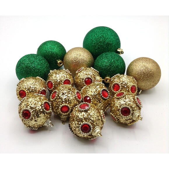 Christmas Tree Ornaments Gold & Green Glitter Shatterproof Med to Large Set / 15 - Picture 2 of 5